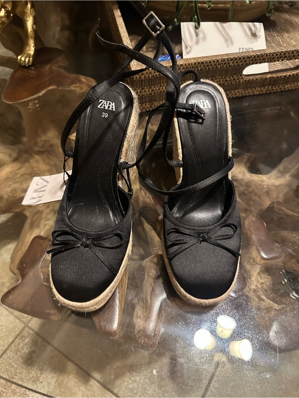 Zara Black Satin Espadrille Wedge Sandals / Bow Ankle-Strap Espadrilles.